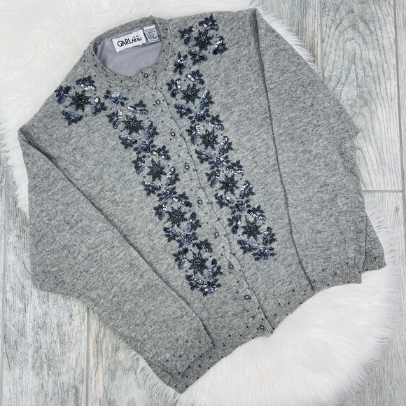 Vintage Garland Wool Rabbit Hair embellished Grey Floral Cardigan - Picture 5 of 8